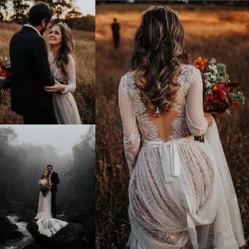 2019 Bohemian Wedding Dresses With Long Sleeve Sexy V Neck Lace Sweep Train Beach Boho Country Bridal Gowns Plus Size robe de mariée